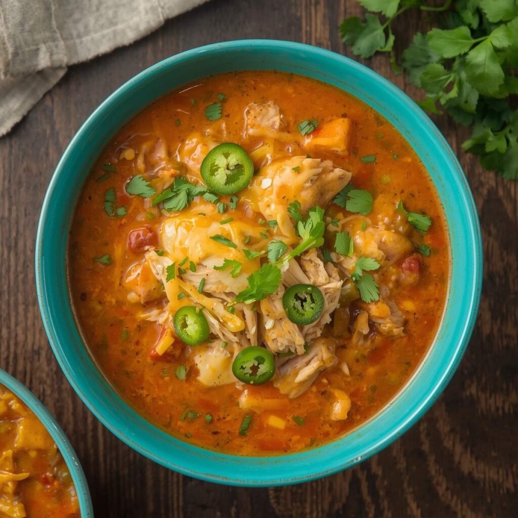Bright bowl of creamy keto chicken enchilada soup with shredded chicken