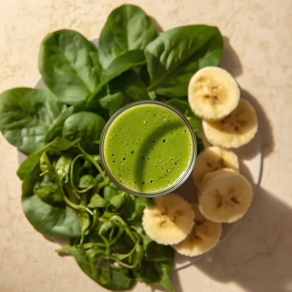 Bright green smoothie in a clear glass