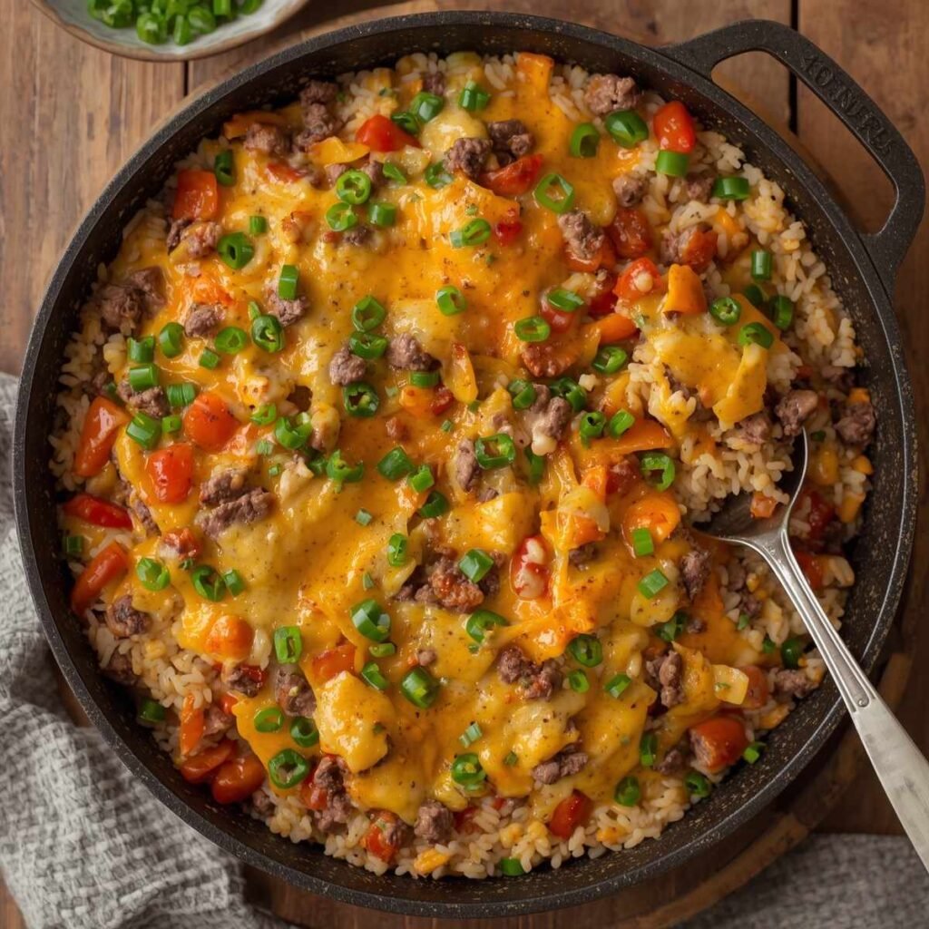 Colorful cheesy beef and rice skillet with melted cheddar