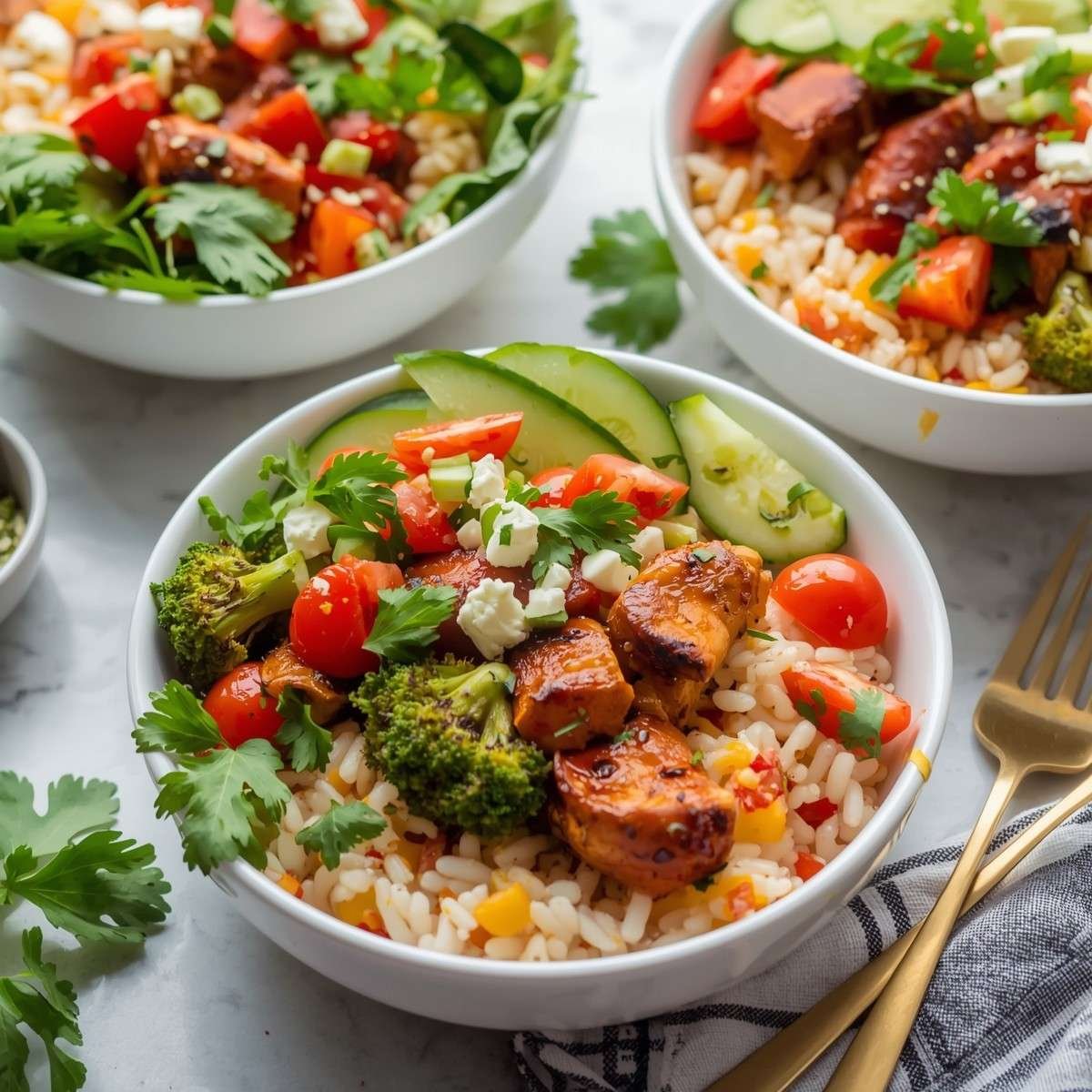 Colorful meal prep bowls with spiced chicken shawarma