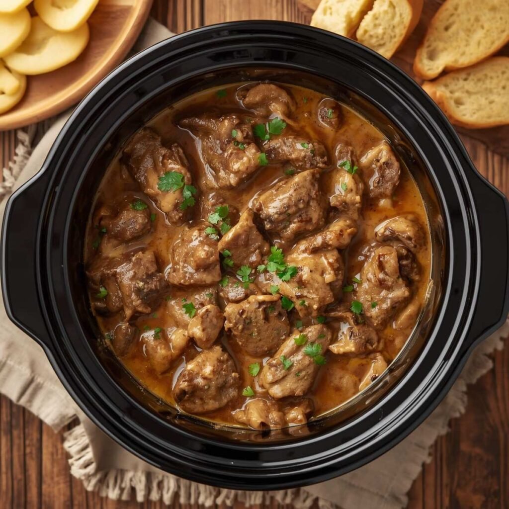Creamy beef stroganoff in slow cooker