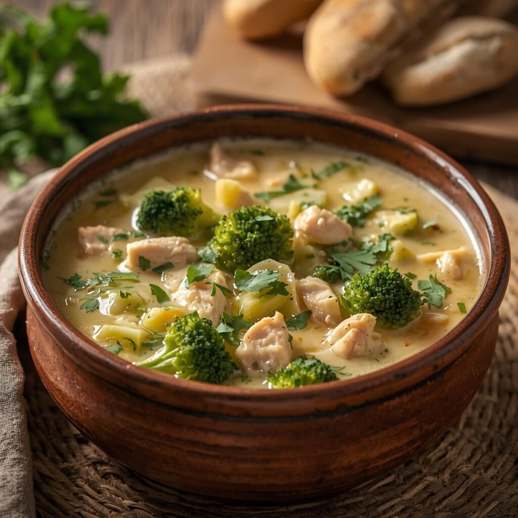 Creamy chicken broccoli soup in a rustic bowl