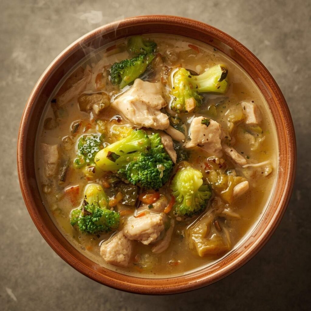 Creamy chicken broccoli soup with chunks of chicken
