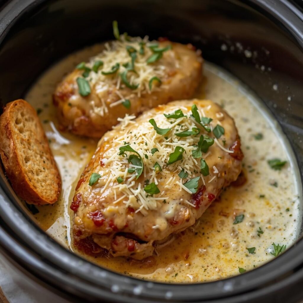 Creamy garlic chicken in slow cooker