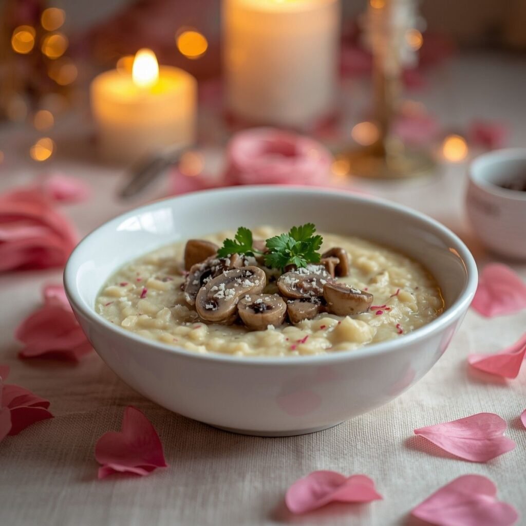 Creamy mushroom risotto in white bowl