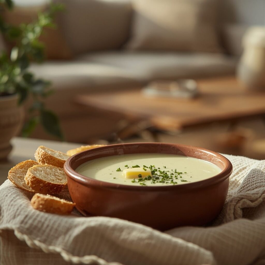 Creamy potato soup in bowl