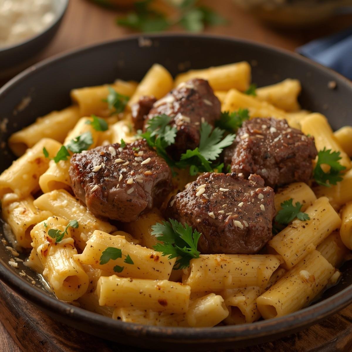 Creamy rigatoni pasta coated in Parmesan sauce with Cajun-seasoned steak tips