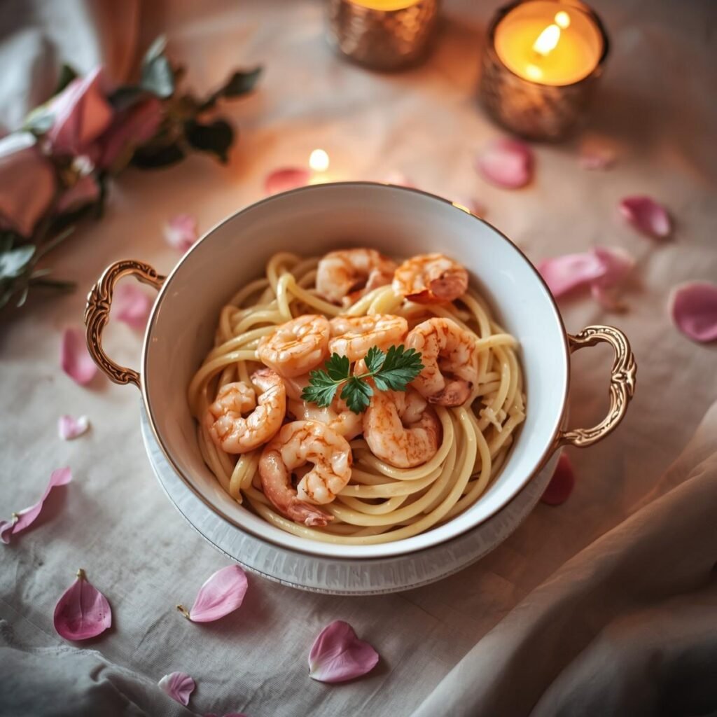 Creamy shrimp pasta in elegant bowl