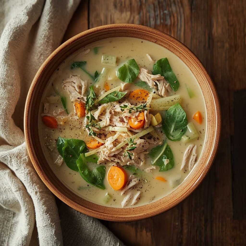 Creamy turkey soup in a bowl with shredded turkey