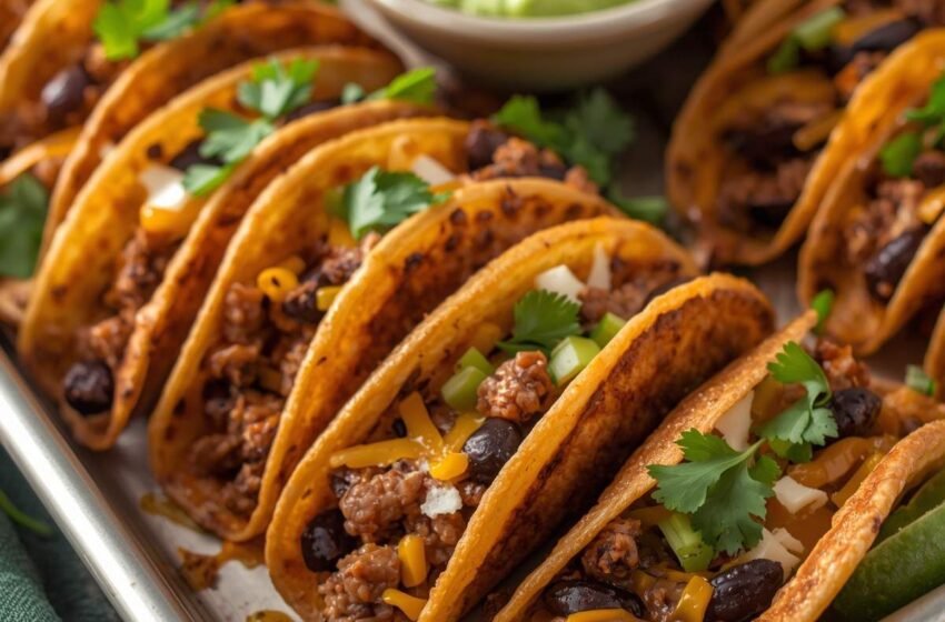 Crispy golden baked turkey tacos arranged on a tray