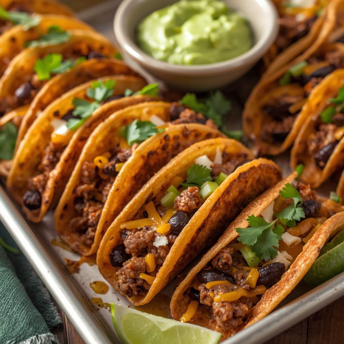 Crispy golden baked turkey tacos arranged on a tray