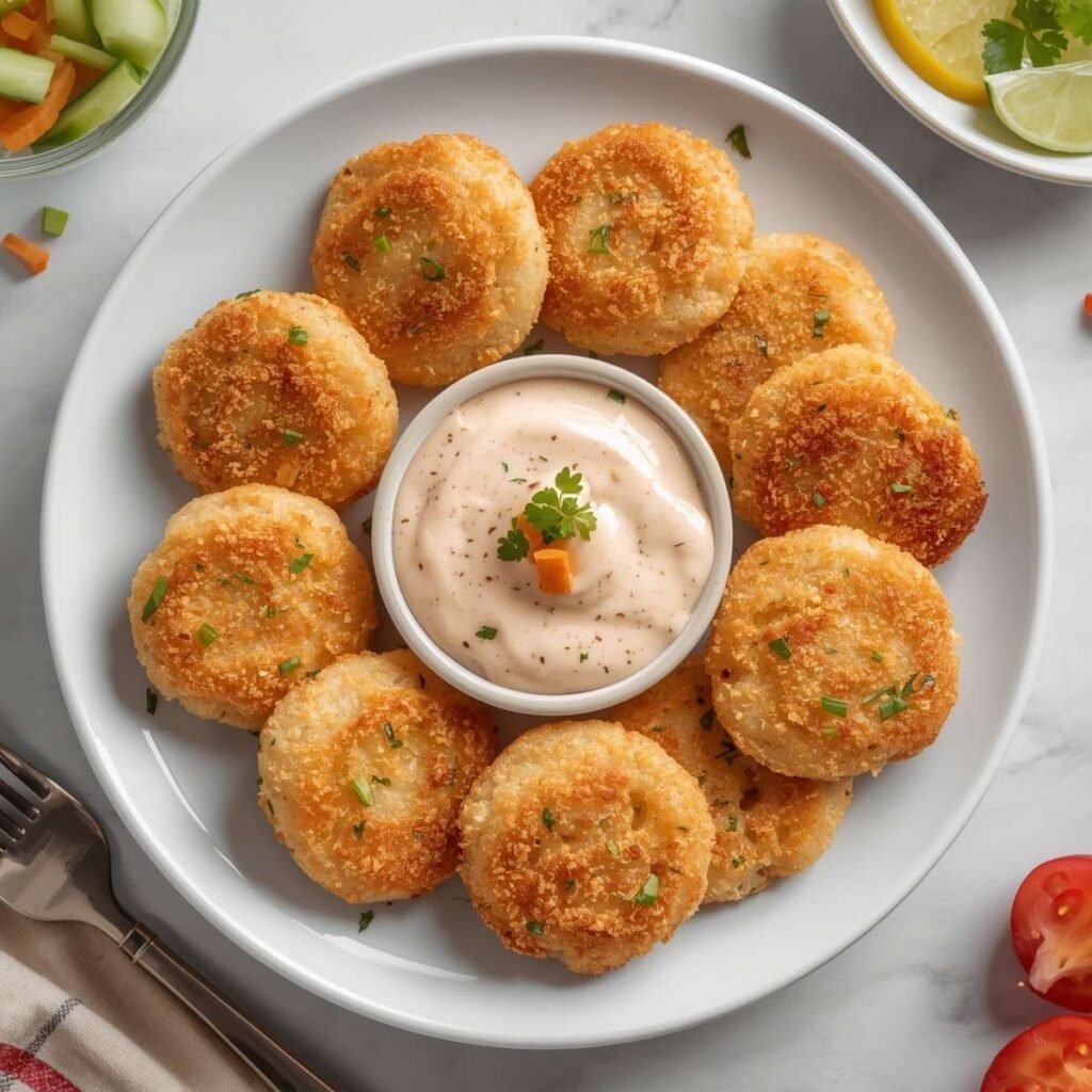 Golden salmon patties arranged on a plate with dipping sauce