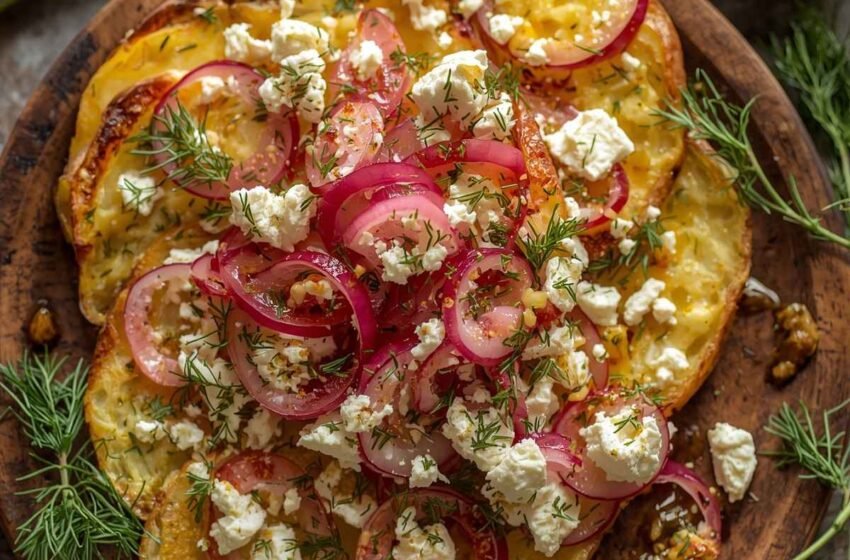 Golden smashed potatoes with crispy edges topped with crumbled feta