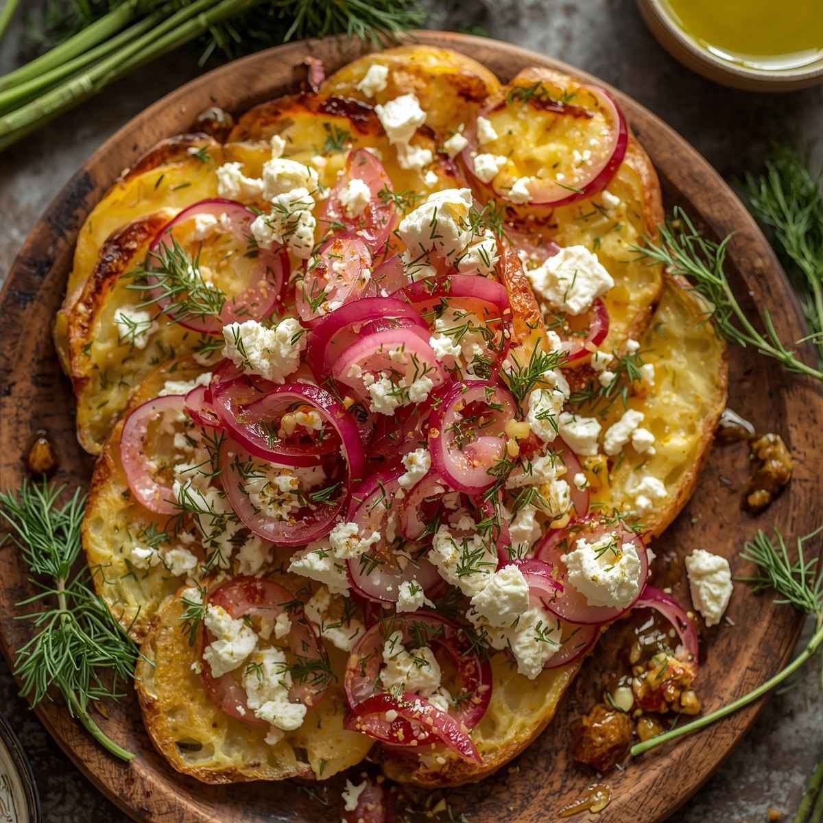 Golden smashed potatoes with crispy edges topped with crumbled feta