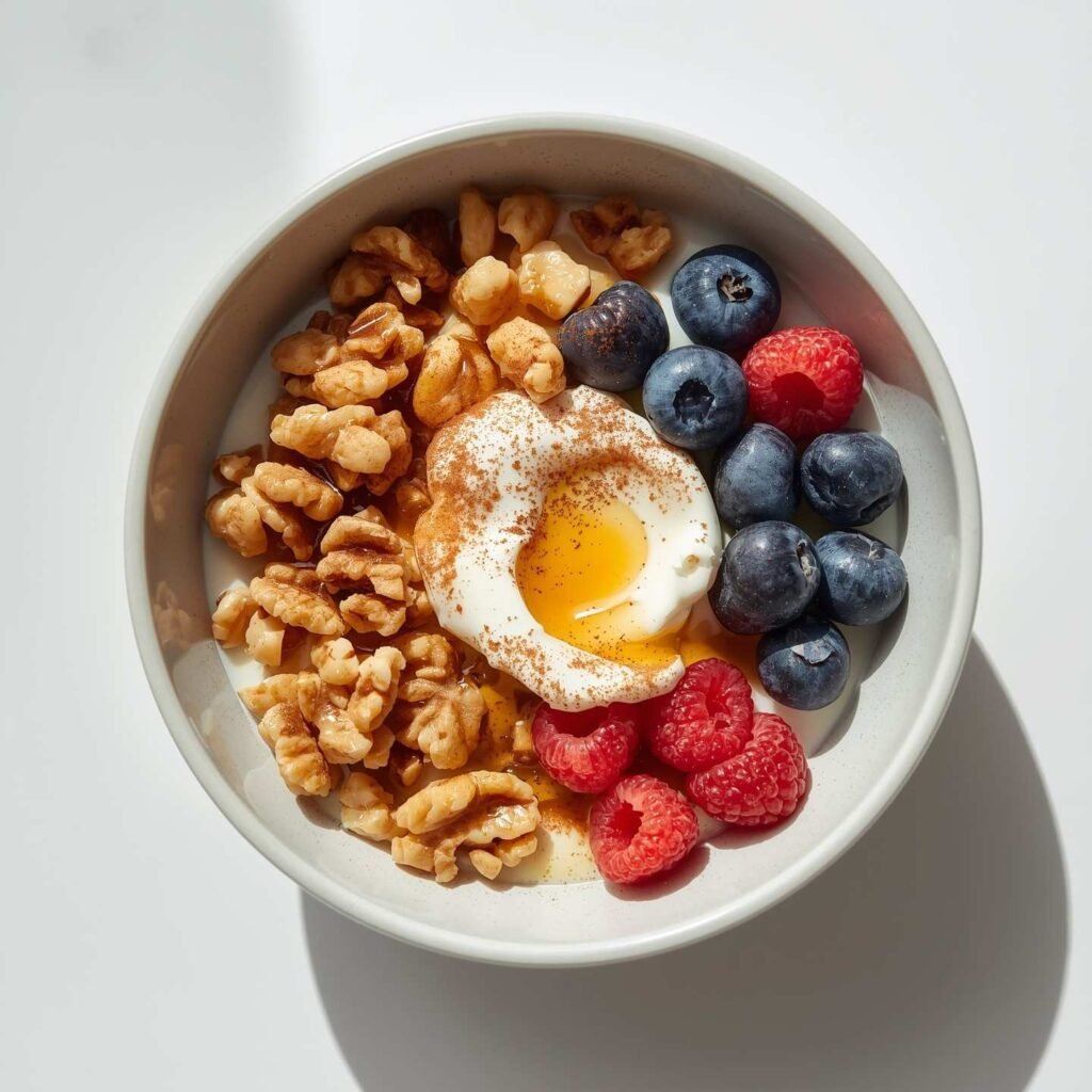 Greek yogurt bowl with honey drizzle,