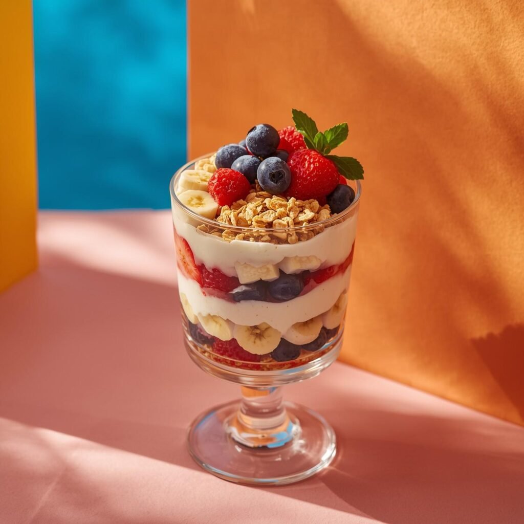 Greek yogurt parfait with fruit and granola in a clear glass