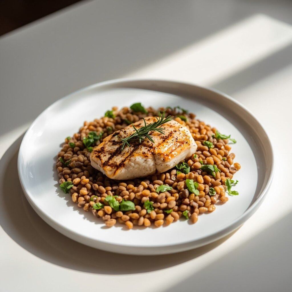Grilled fish lentil salad
