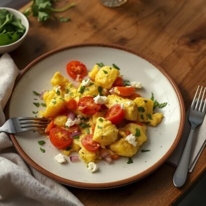 Healthy Mediterranean Scrambled Eggs with Feta & Veggies