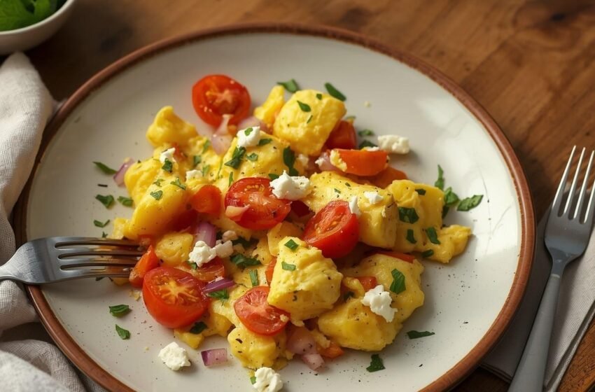 Healthy Mediterranean Scrambled Eggs with Feta & Veggies