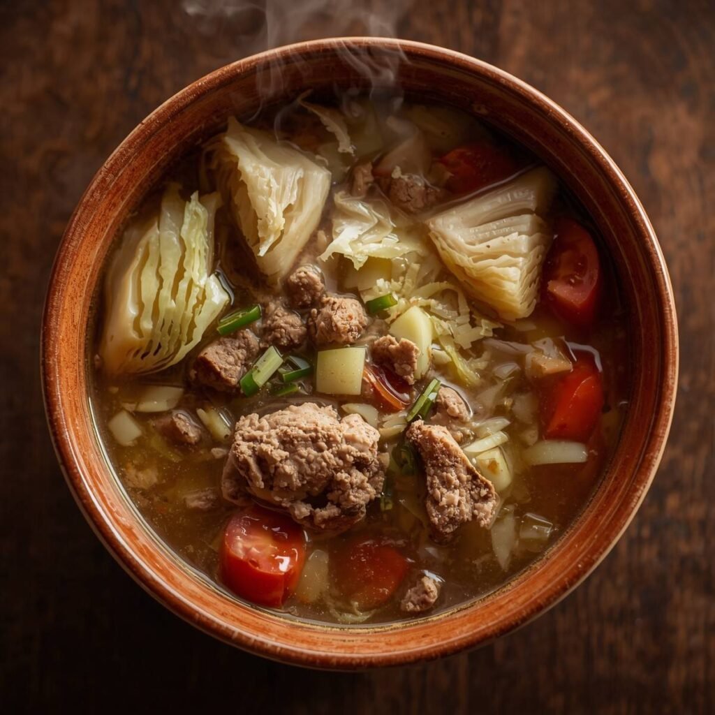 Hearty high-protein cabbage soup with ground turkey