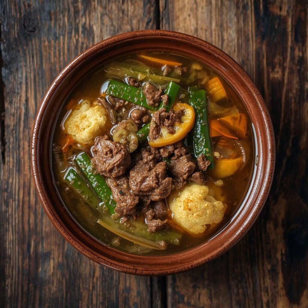 Hearty low-carb beef vegetable soup with ground beef