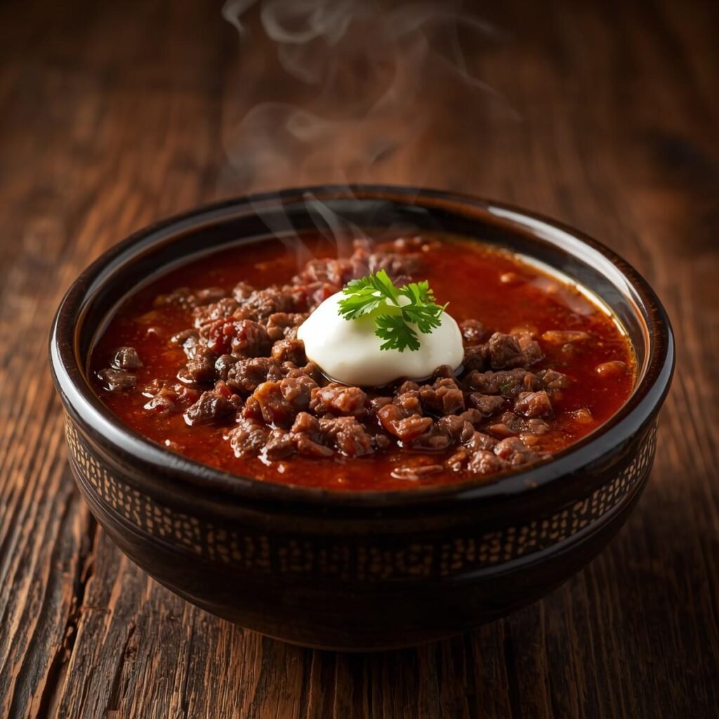 Hearty taco beef soup in a dark bowl