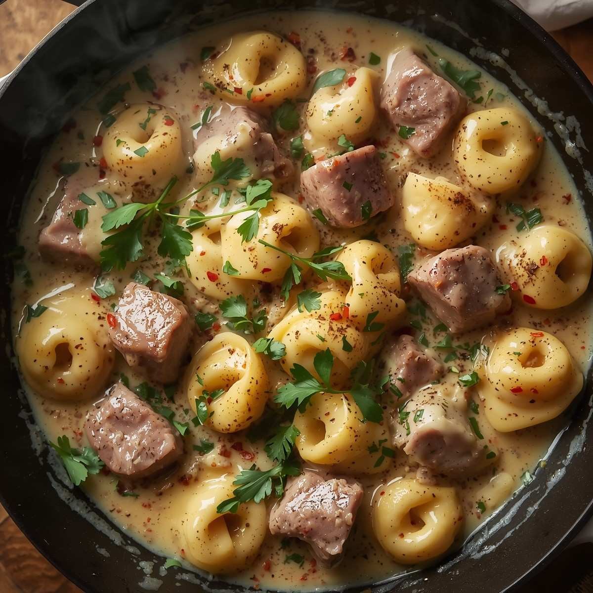 High Protein Cracked Garlic Steak Tortellini in Creamhouse Sauce