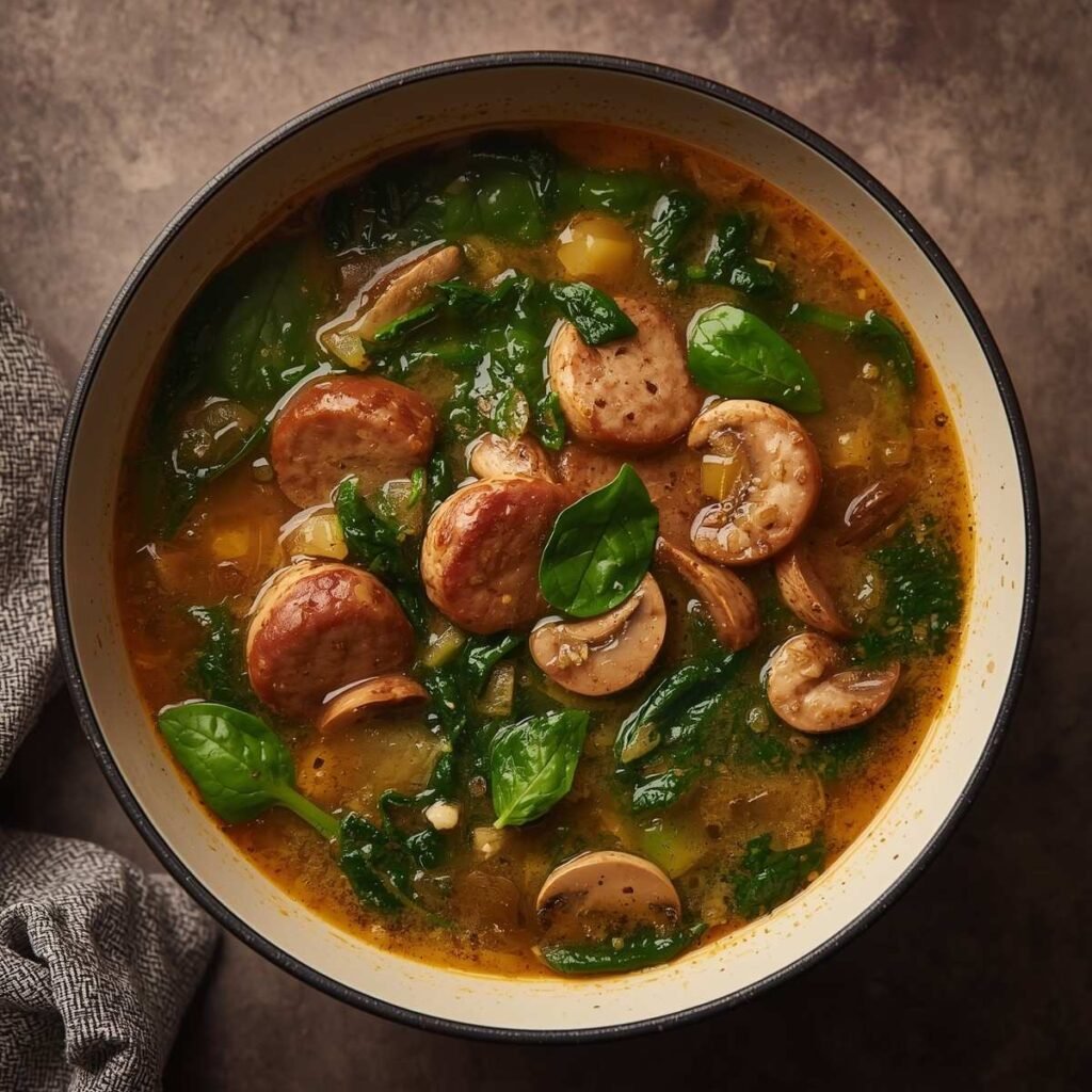 Keto sausage spinach soup with sausage slices