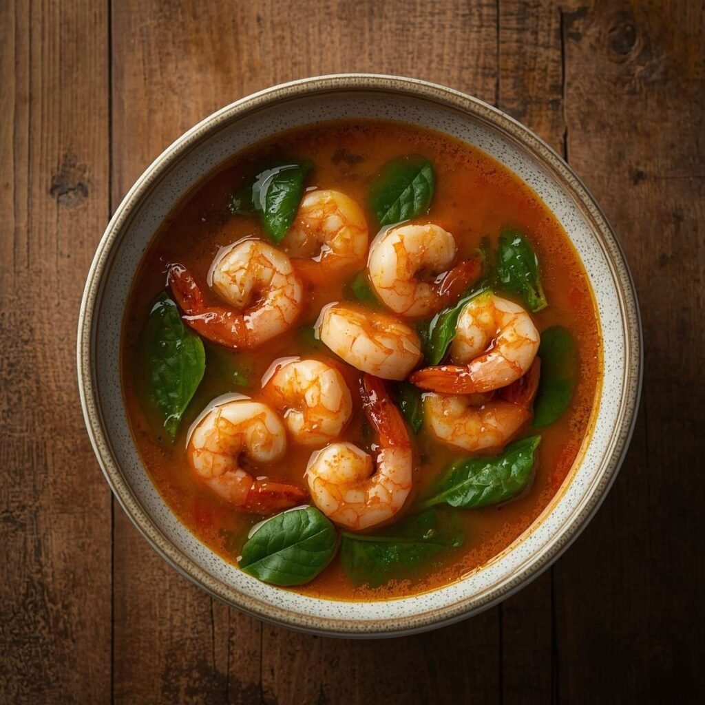Keto shrimp soup with pink shrimp