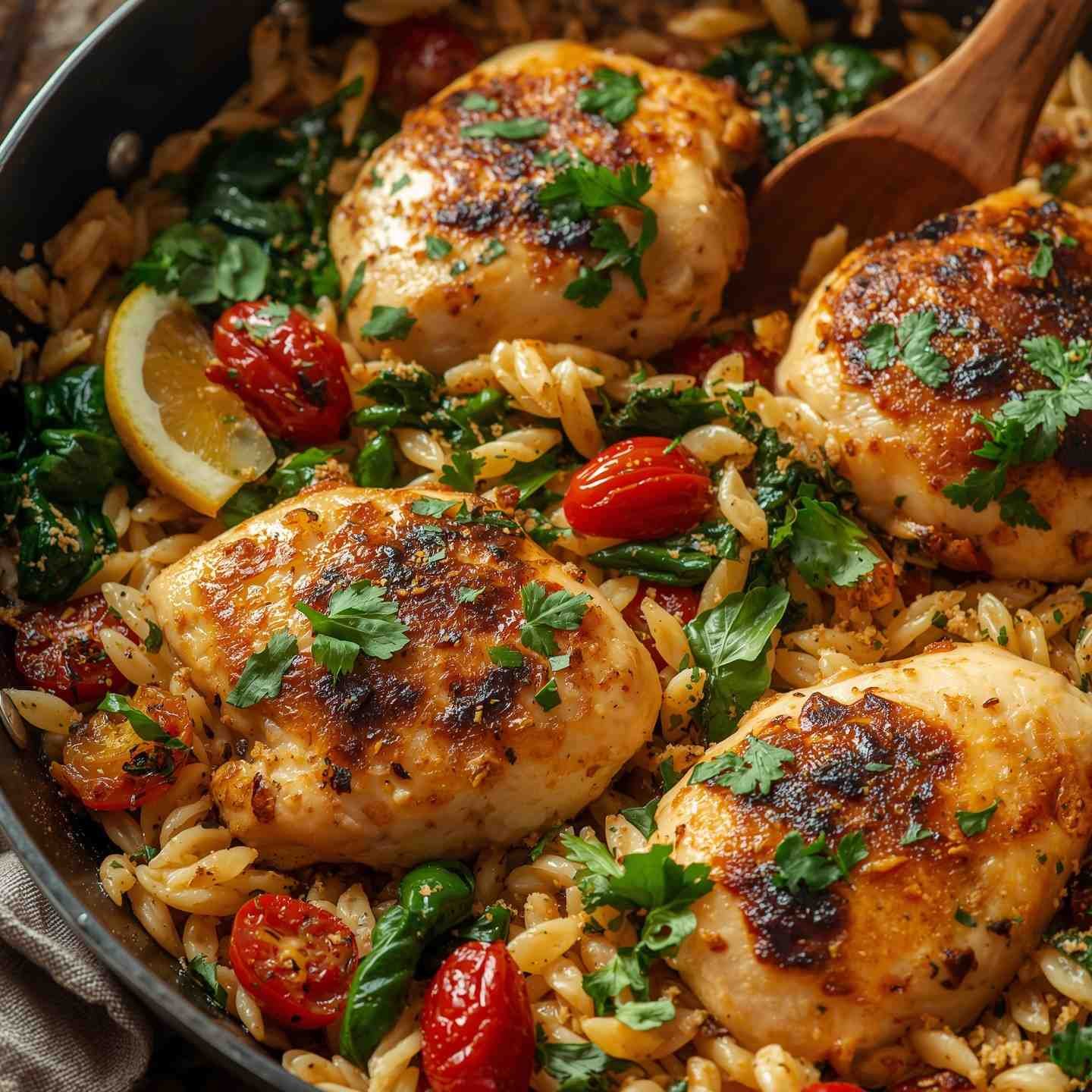 Mediterranean chicken orzo with golden seared chicken pieces