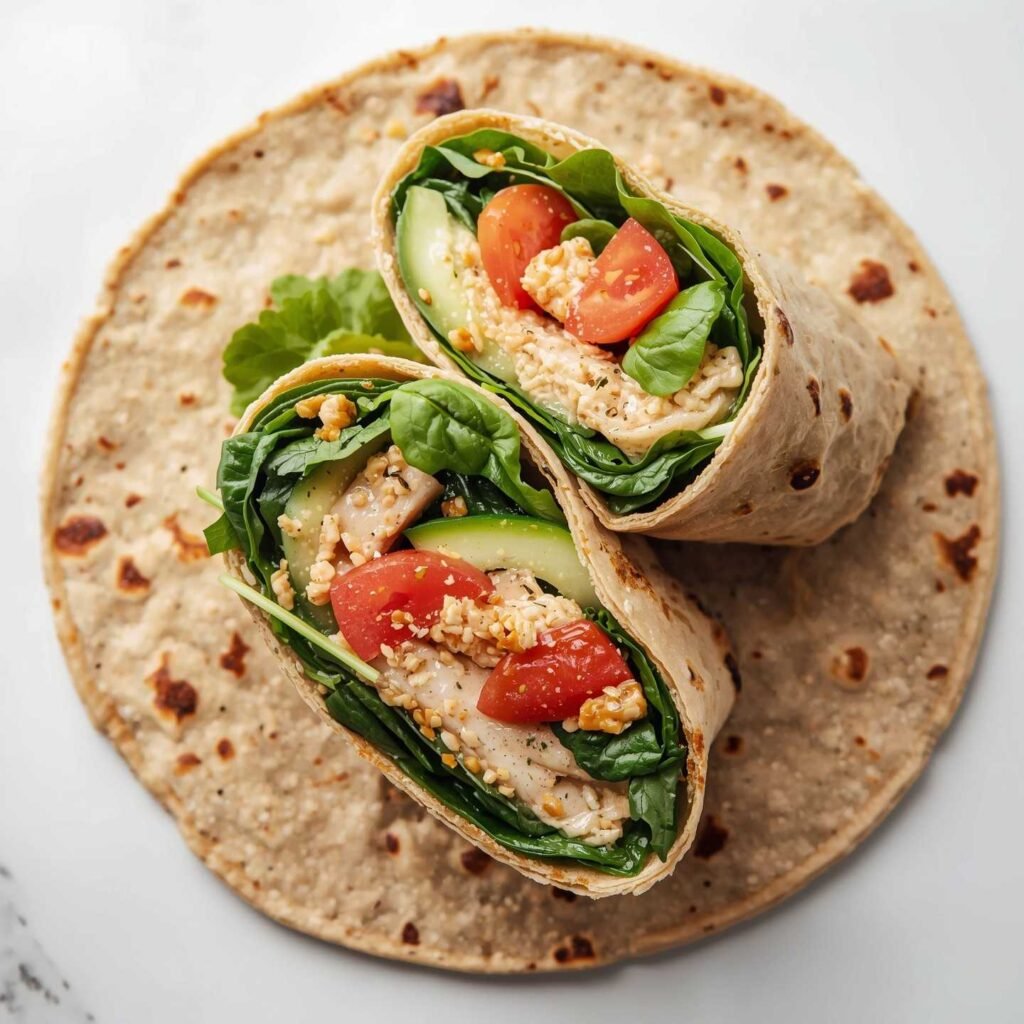 Mediterranean tuna wrap sliced in half