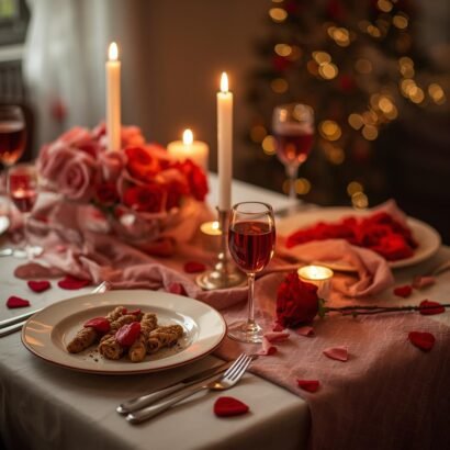 Romantic Valentine’s Day dinner table for two