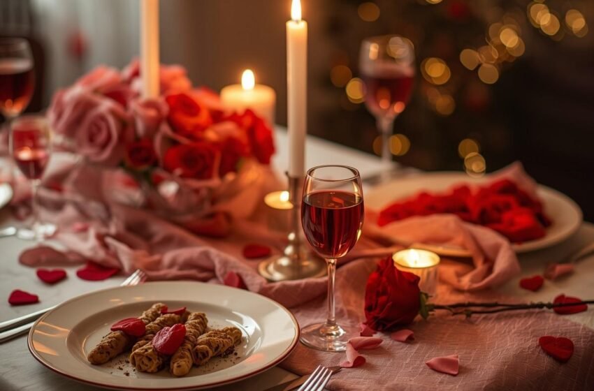 Romantic Valentine’s Day dinner table for two