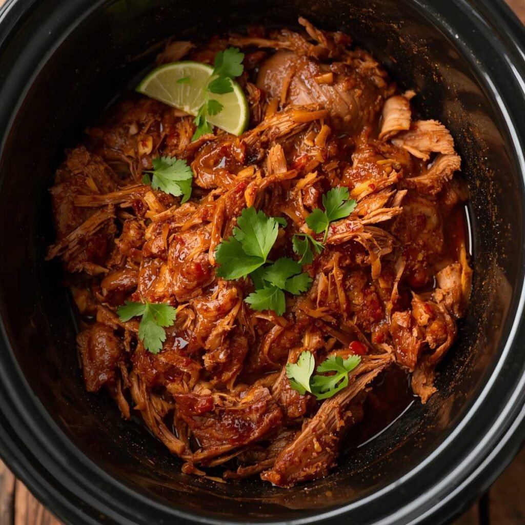 Shredded pork carnitas in slow cooker