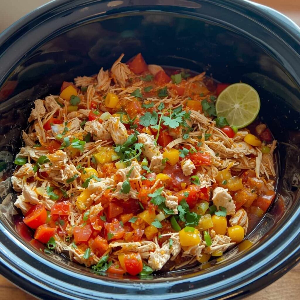Shredded salsa chicken in slow cooker