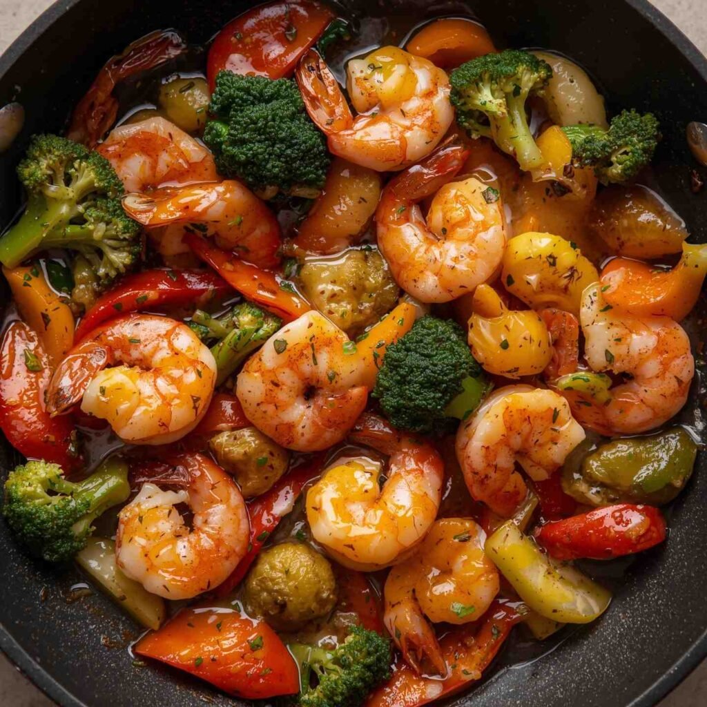 Shrimp stir-fry with colorful vegetables in a skillet