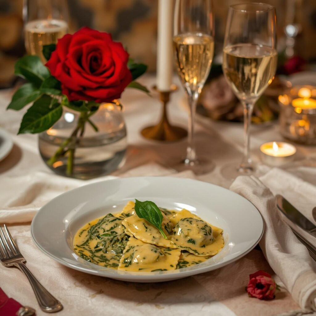 Spinach ravioli with cream sauce