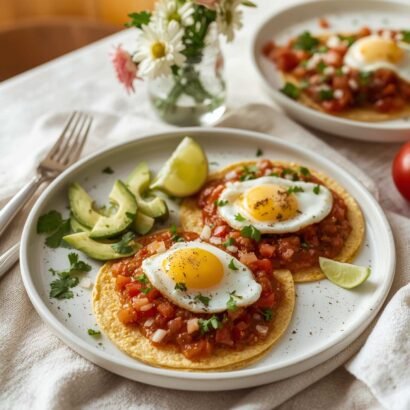 Sunny-side-up eggs over crisp corn tortillas topped with chunky red ranchero salsa