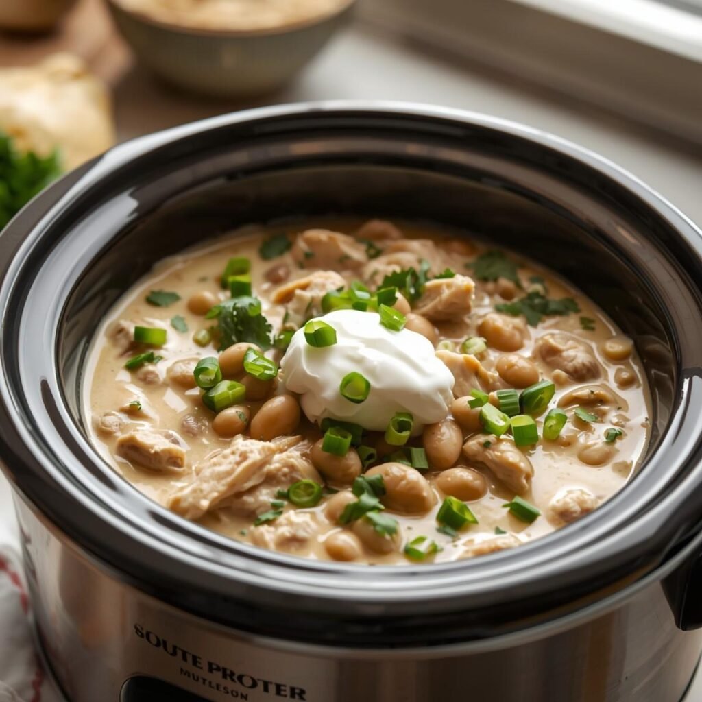 White chicken chili in slow cooker