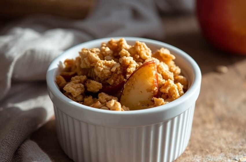 apple crisp in a white ramekin