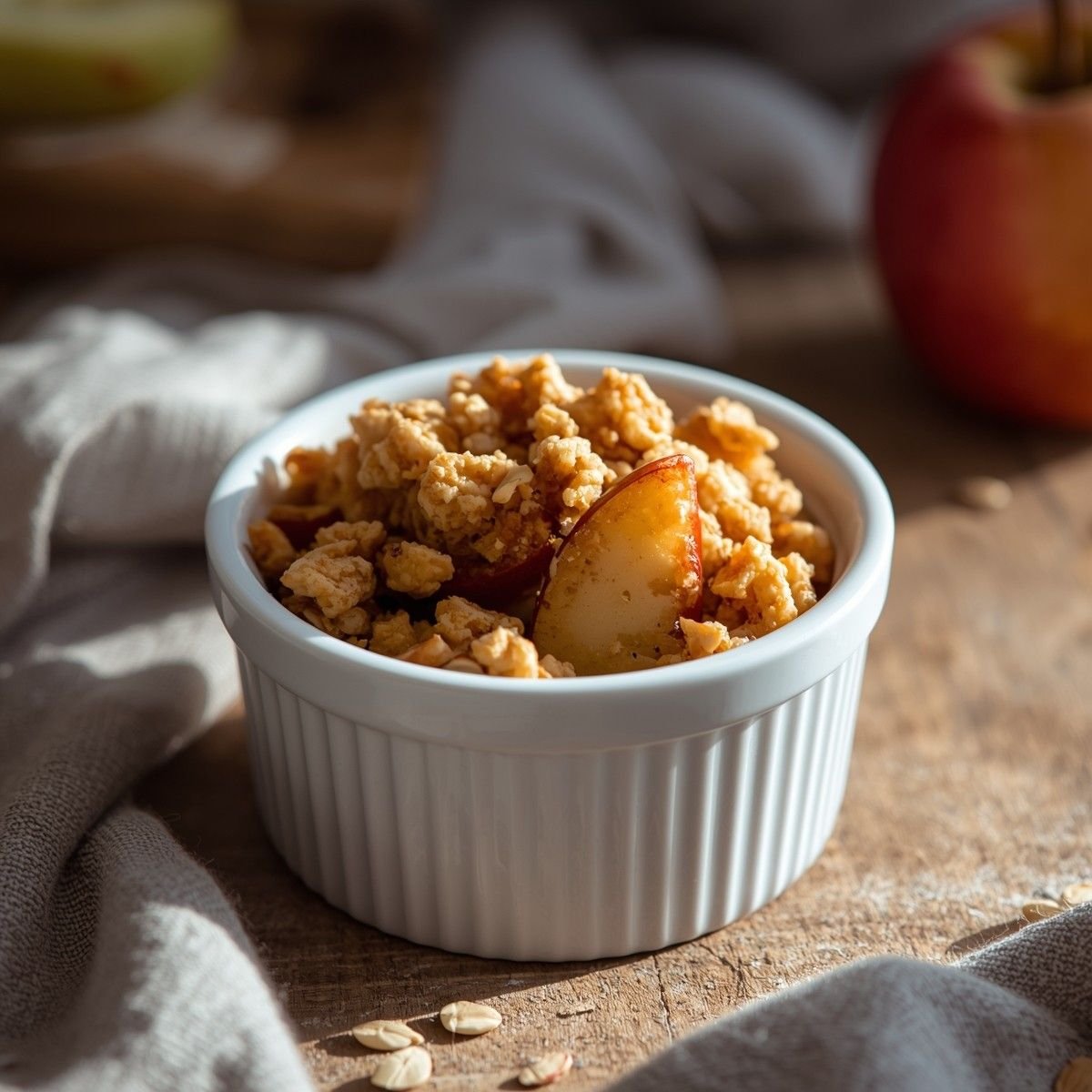 apple crisp in a white ramekin