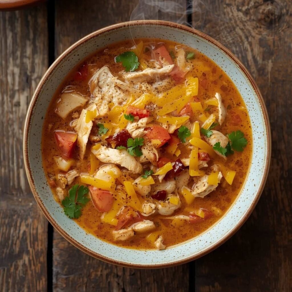 bowl of creamy keto chicken taco soup with shredded chicken