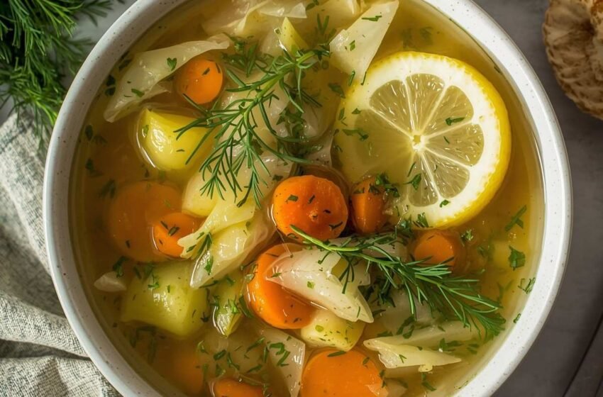 bowl of lemon dill cabbage soup with tender cabbage