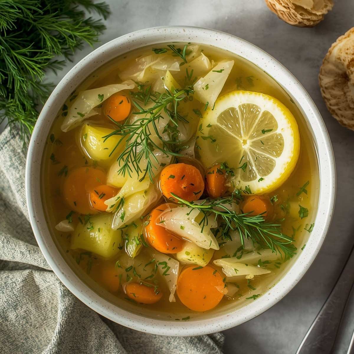 bowl of lemon dill cabbage soup with tender cabbage