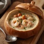 bread bowl filled with creamy seafood soup