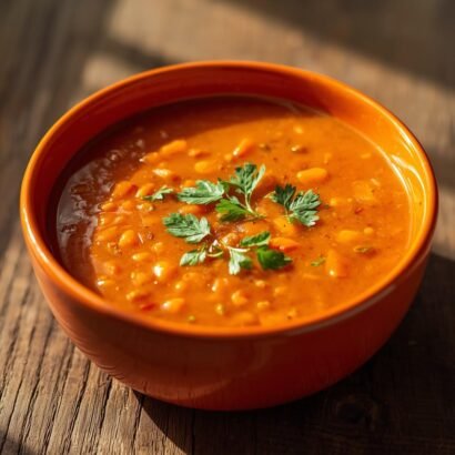 bright orange bowl of red lentil and carrot soup