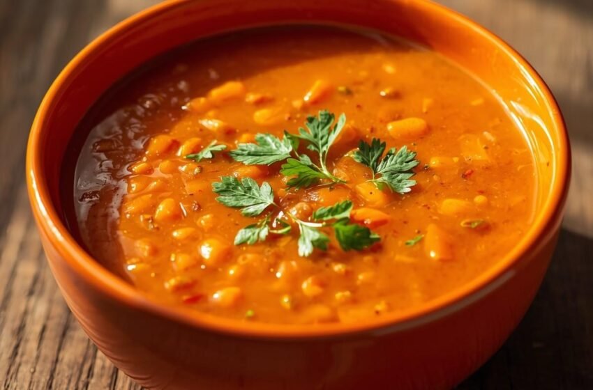 bright orange bowl of red lentil and carrot soup
