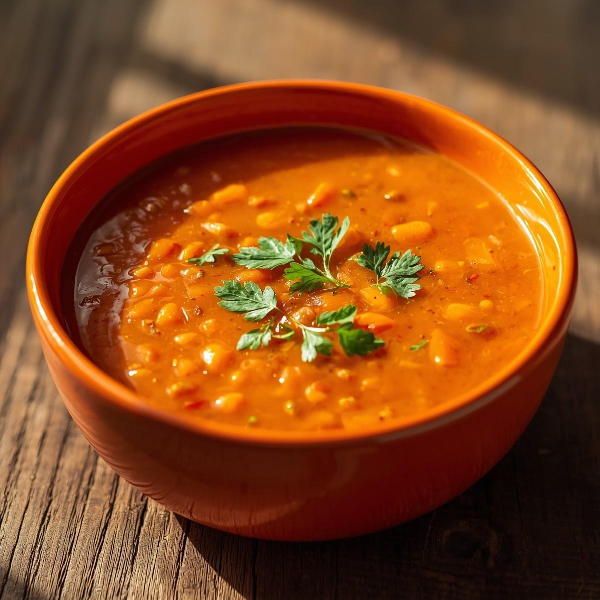 bright orange bowl of red lentil and carrot soup