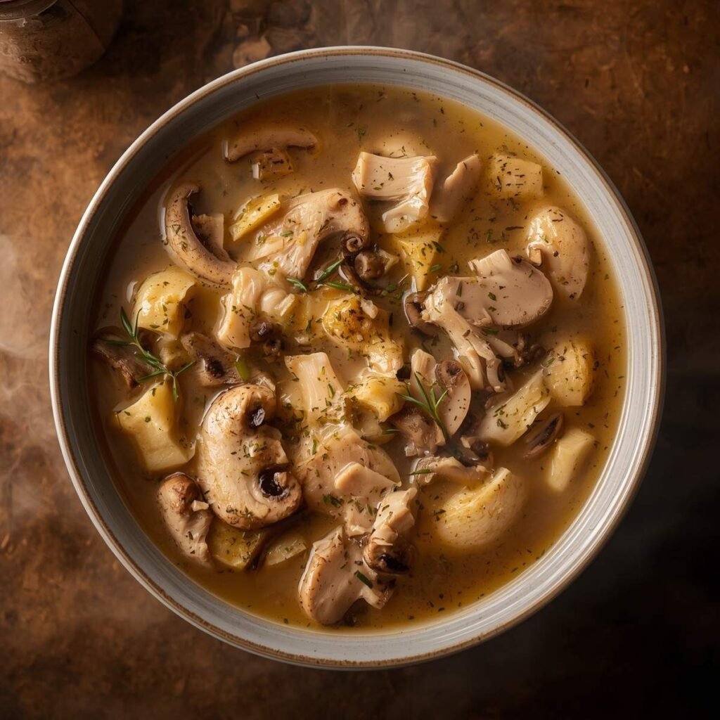 creamy chicken mushroom soup with sliced mushrooms