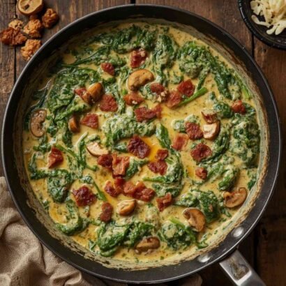 creamy keto creamed spinach with mushrooms and crispy bacon